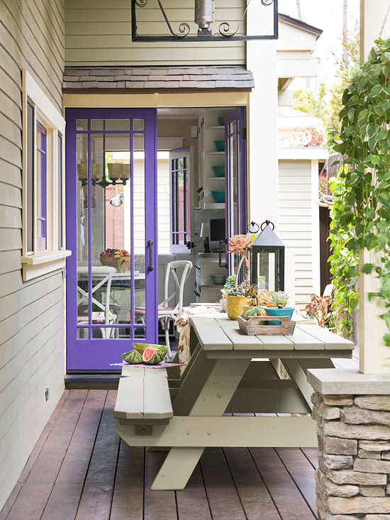 Outdoor patio with painted door